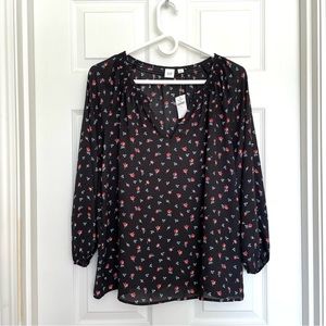 GAP Floral Print Split Neck Blouse - Brown - Small